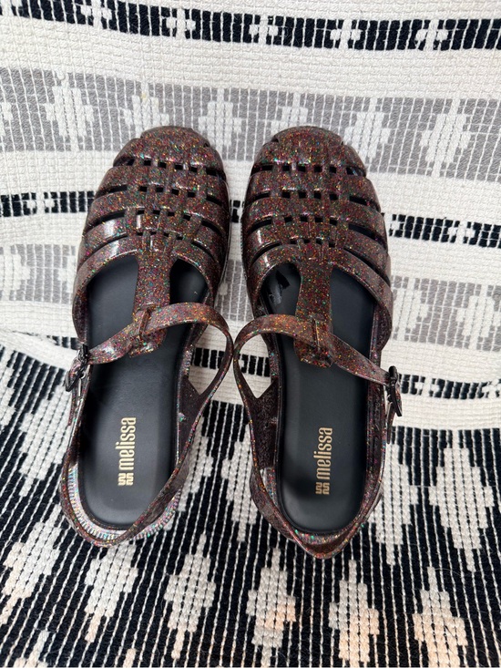 Melissa Shoes - Melissa Glitter Jelly Fisherman Sandals - Black with Multicolor Sparkle, Size 8
